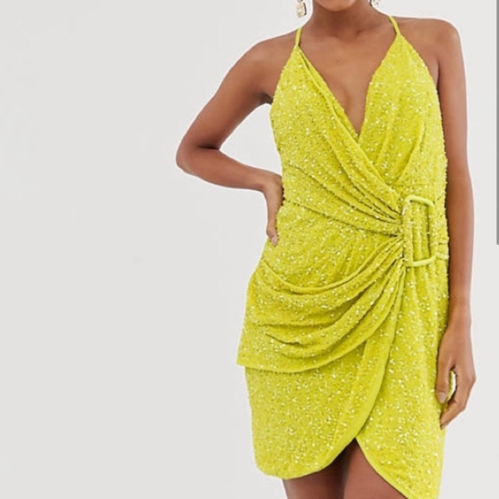 ASOS Lime Green Sequin Draped Mini Dress